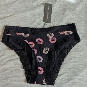 Savage X Fenty Black Lace Trim Panties with Pink Lip Print